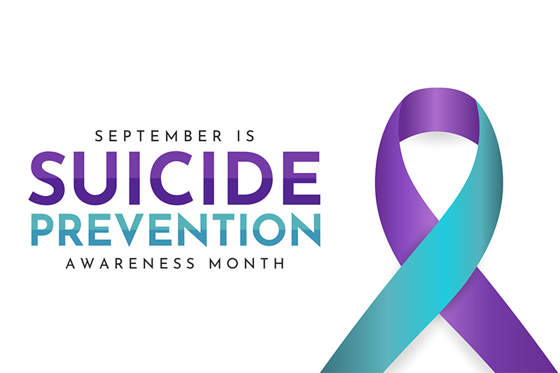 blue and purple ribbon with Suicide Prevention awareness month text