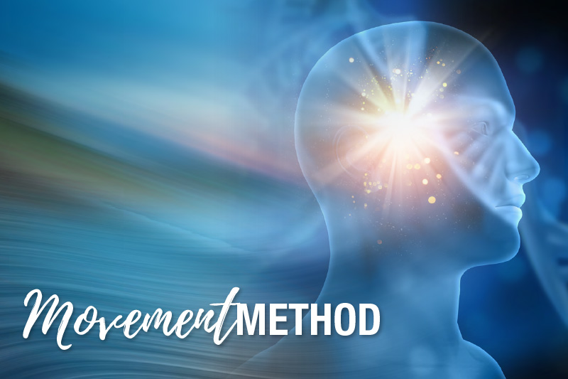 The words Movement Method on top of an illustrated graphic of a human head with a bright light in the brain