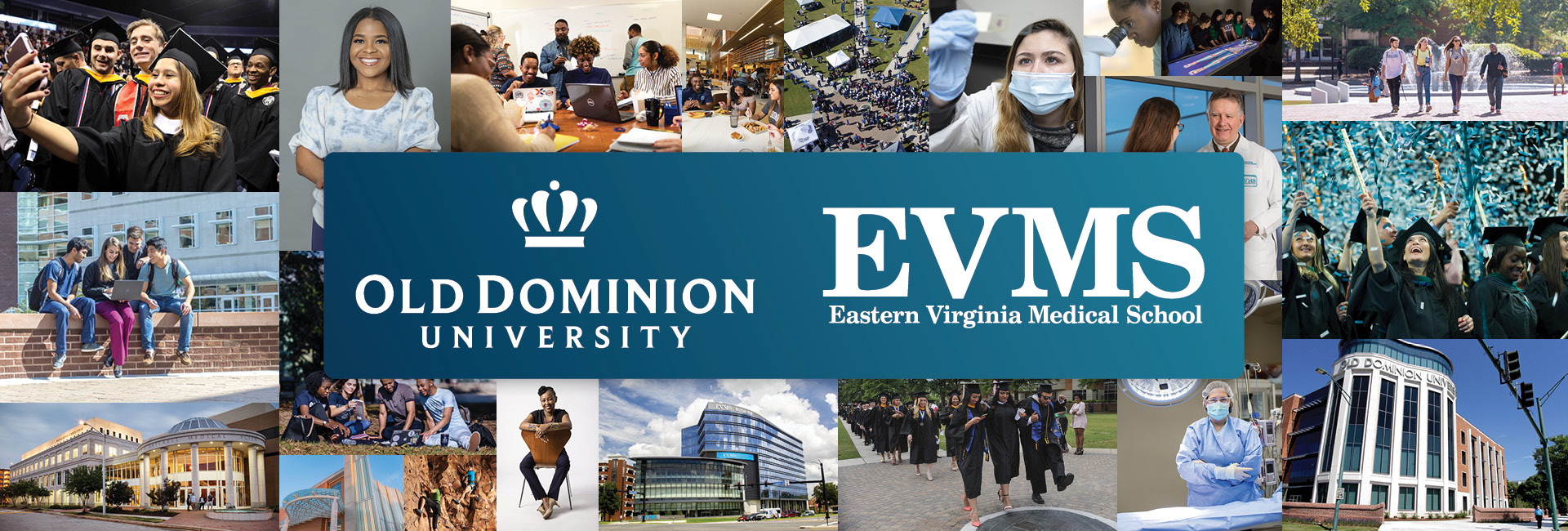 Collage of images of campus life at EVMS and ODU with institutional logos